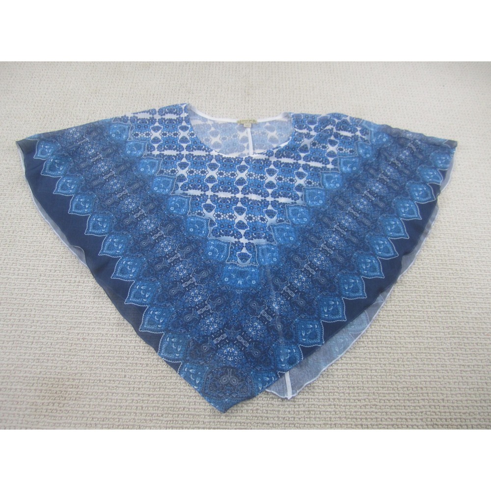 Energe Poncho Blouse Womens‎ XL Blue White Sheer Kaftan Top Boho Paisley Print